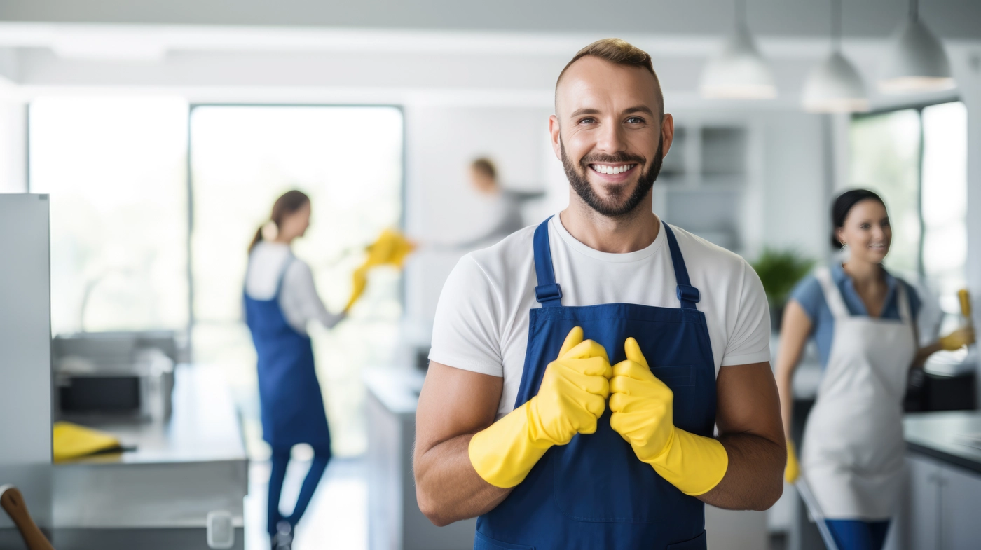 Heldiros - Vermittlung von Servicekräften - Lächelnder Mann in Reinigungsdienstuniform mit Kollegen im Hintergrund, was auf ein professionelles Reinigungsteam bei der Arbeit hindeutet.